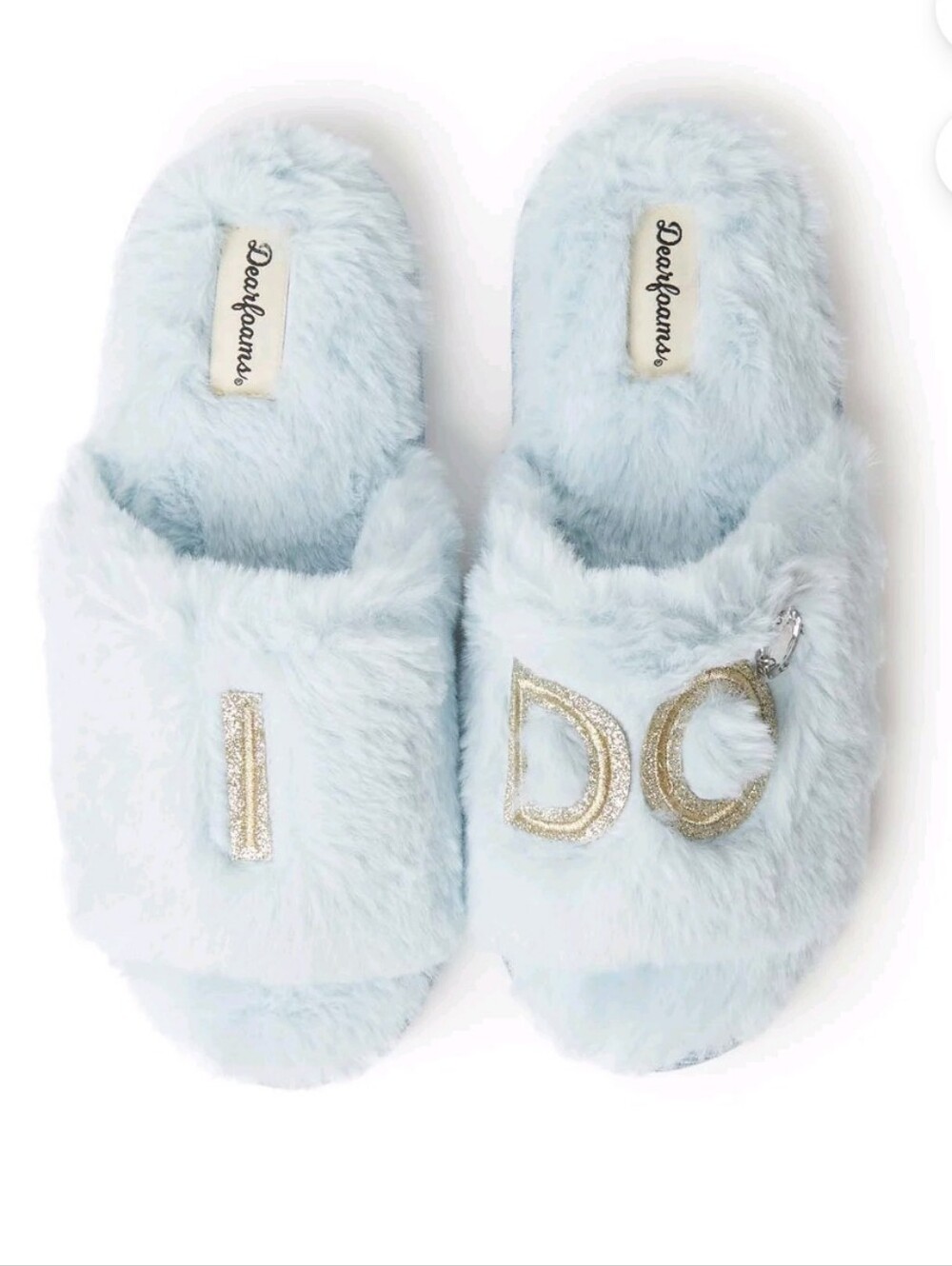 Dearfoams Faux Fur Slide "I Do" Slippers with Gold Lettering Sz Large 9-10